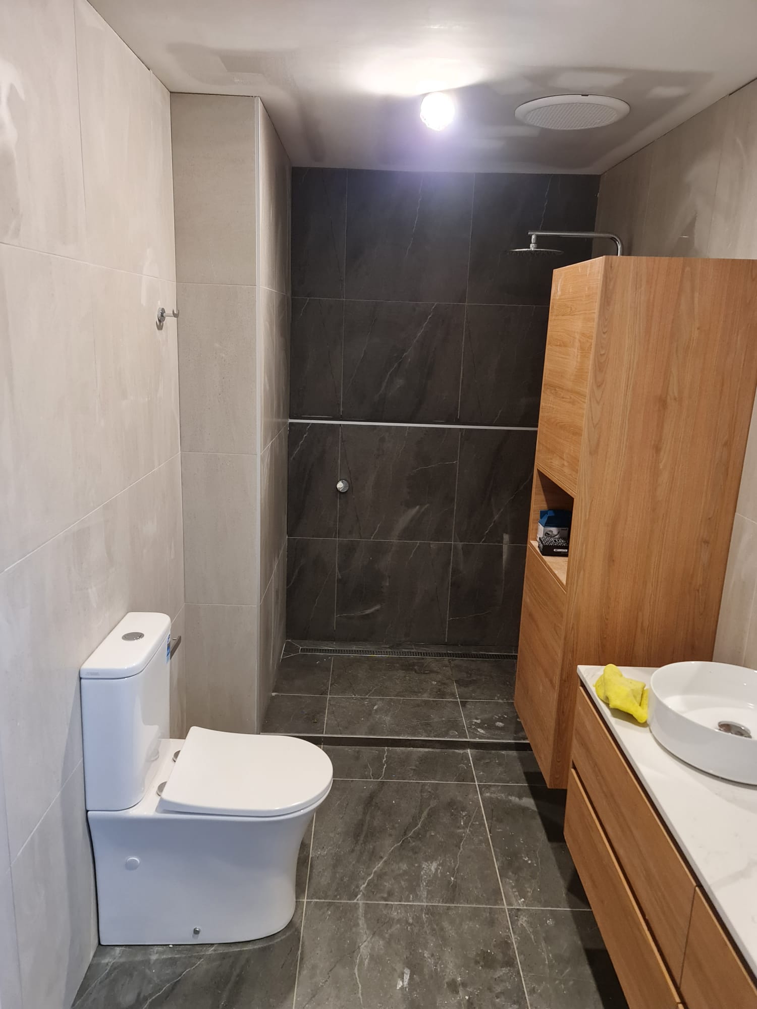 Toilet and walk-in shower with dark marble-look tile and linen tower