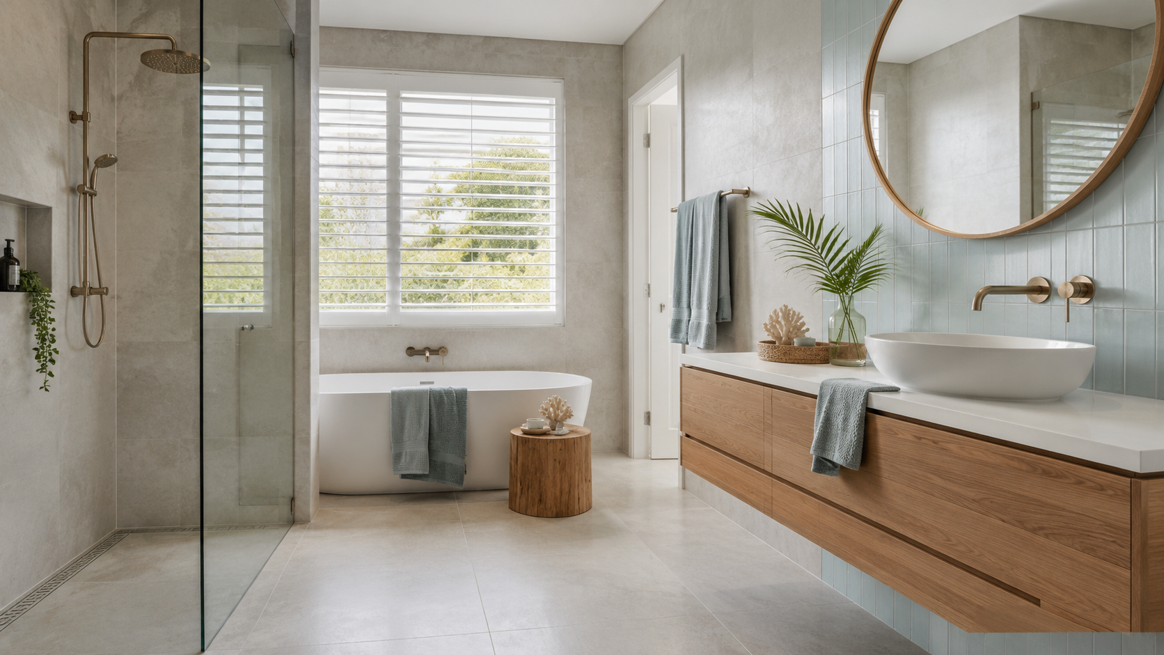 Bathroom design with large-format tiles, wall-hung vanity and coastal-inspired palette