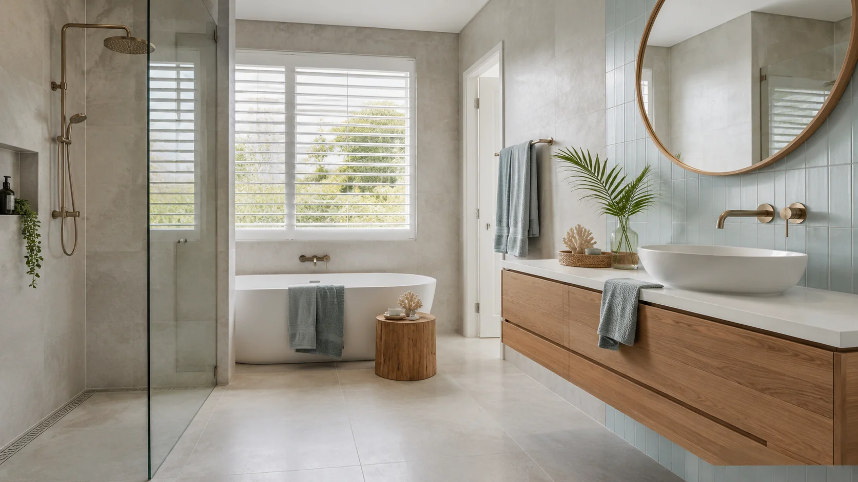 Bathroom design with large-format tiles, wall-hung vanity and coastal-inspired palette