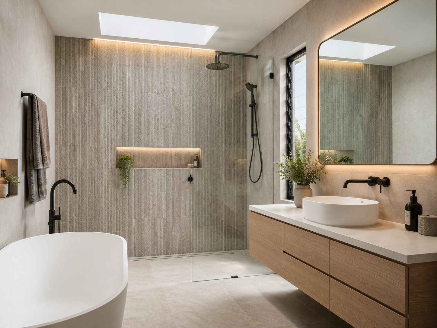 Modern bathroom design trends in a Geelong home featuring textured tiles and matte black tapware