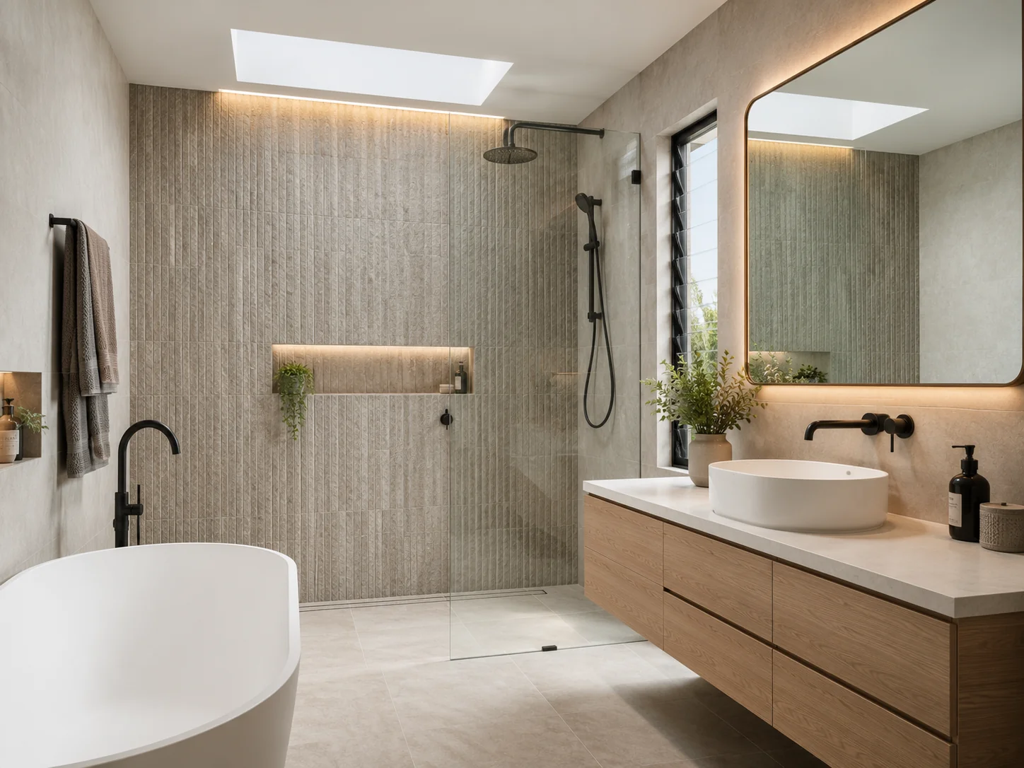 Modern bathroom design trends in a Geelong home featuring textured tiles and matte black tapware