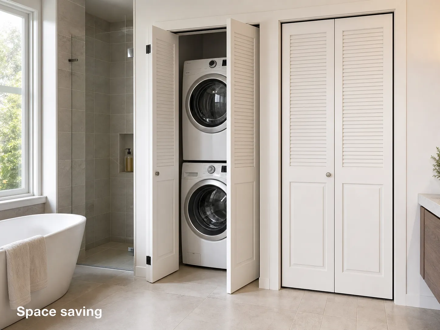 Stacked washing machine and dryer behind bi-fold doors in a combined bathroom and laundry