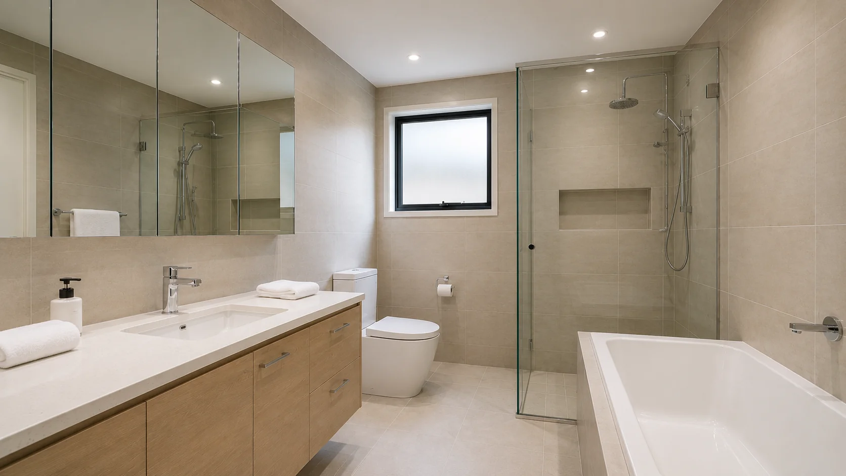 Completed mid-range bathroom renovation in Geelong with floor-to-ceiling tiling, timber-look vanity, acrylic bathtub and semi-frameless glass shower