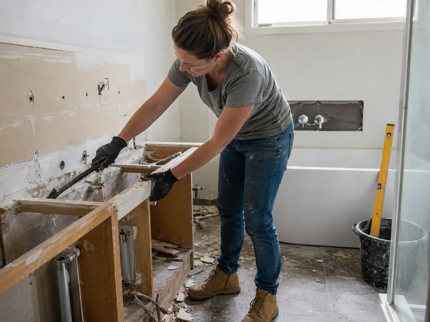 Homeowner doing DIY prep work like painting or demolition during a Geelong bathroom renovation