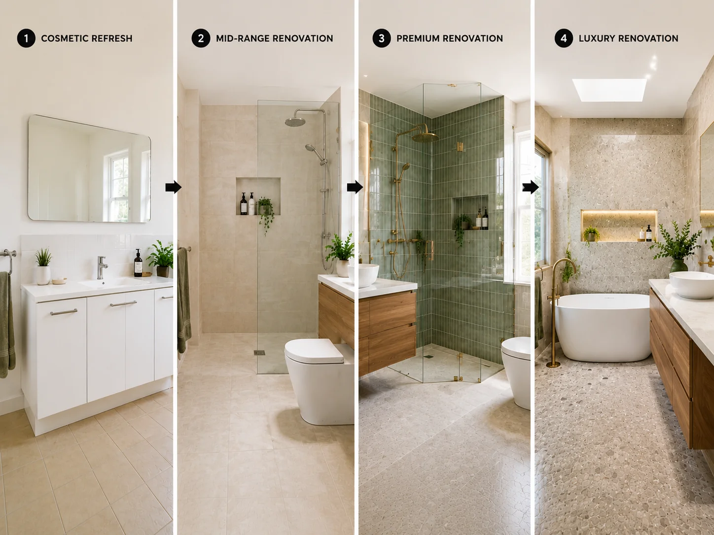 Comparison of bathroom renovation tiers in Geelong from cosmetic refresh to luxury structural renovation