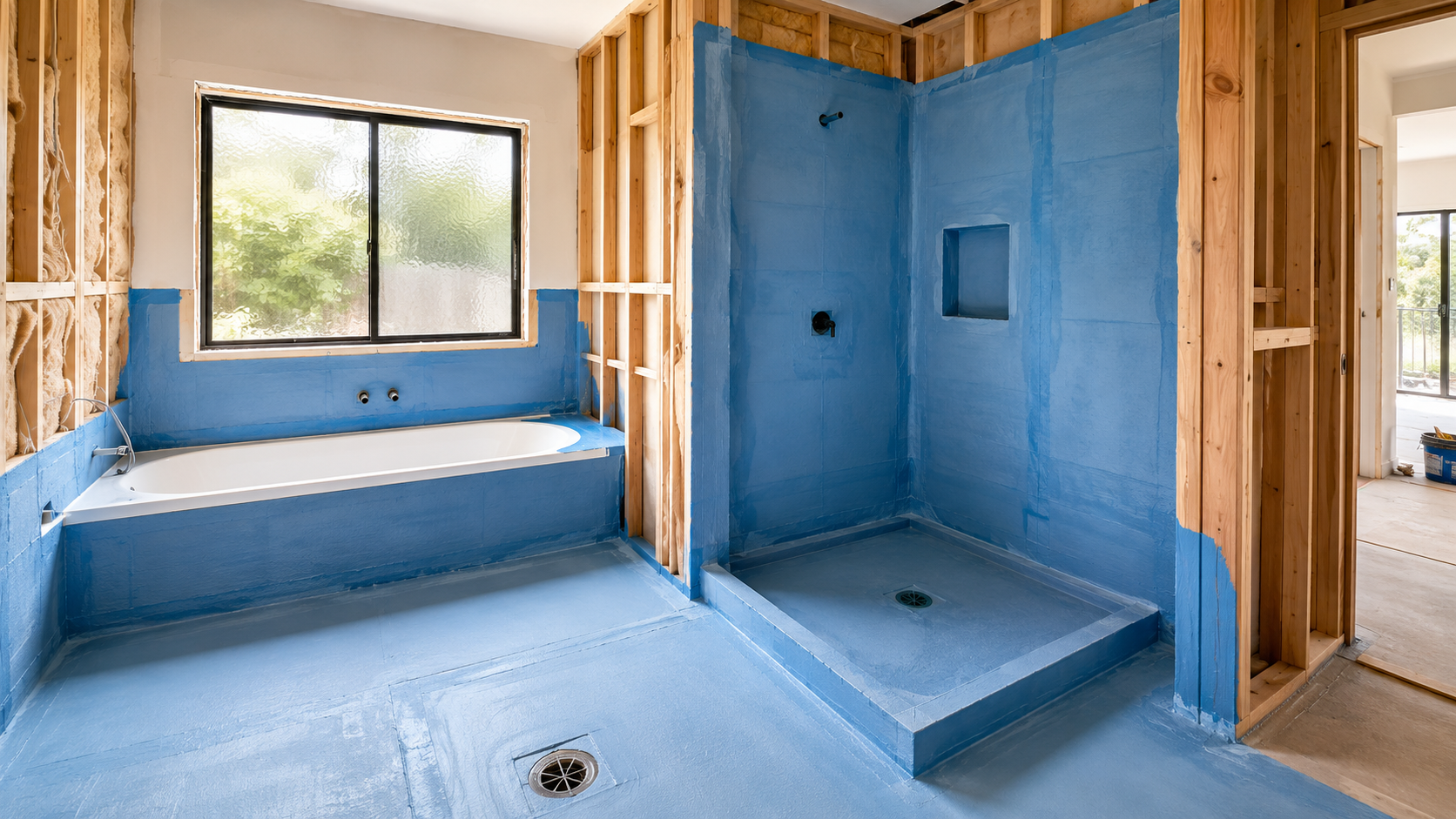 Bathroom renovation in progress in Geelong showing the waterproofing stage before tiling