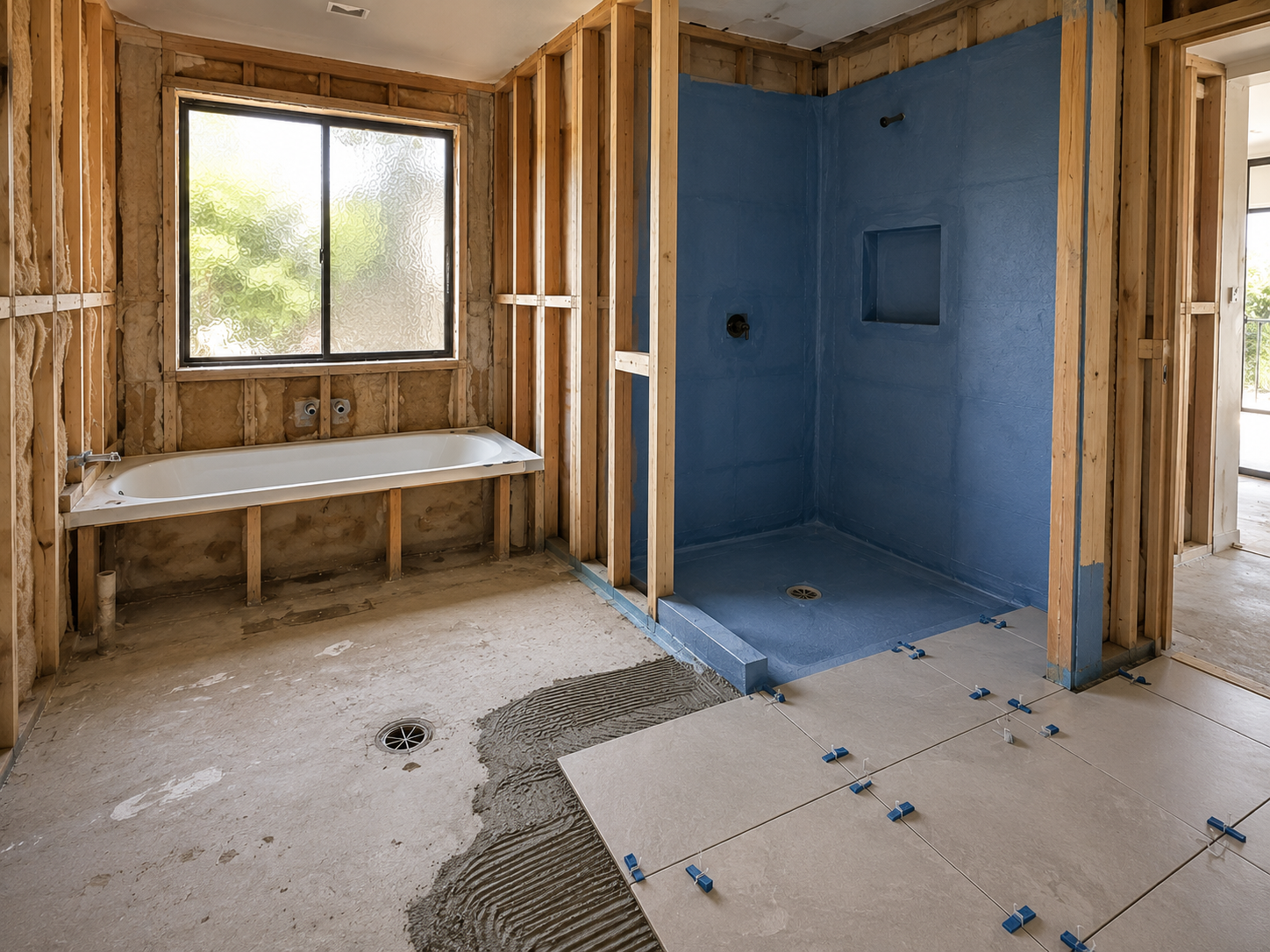 Bathroom renovation progressing through demolition, framing and tiling stages in Geelong