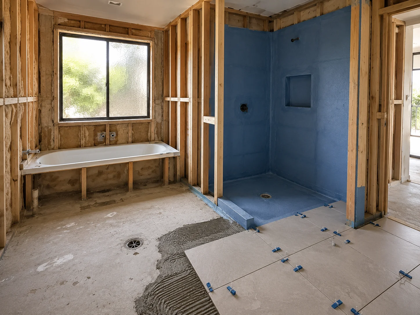 Bathroom renovation progressing through demolition, framing and tiling stages in Geelong