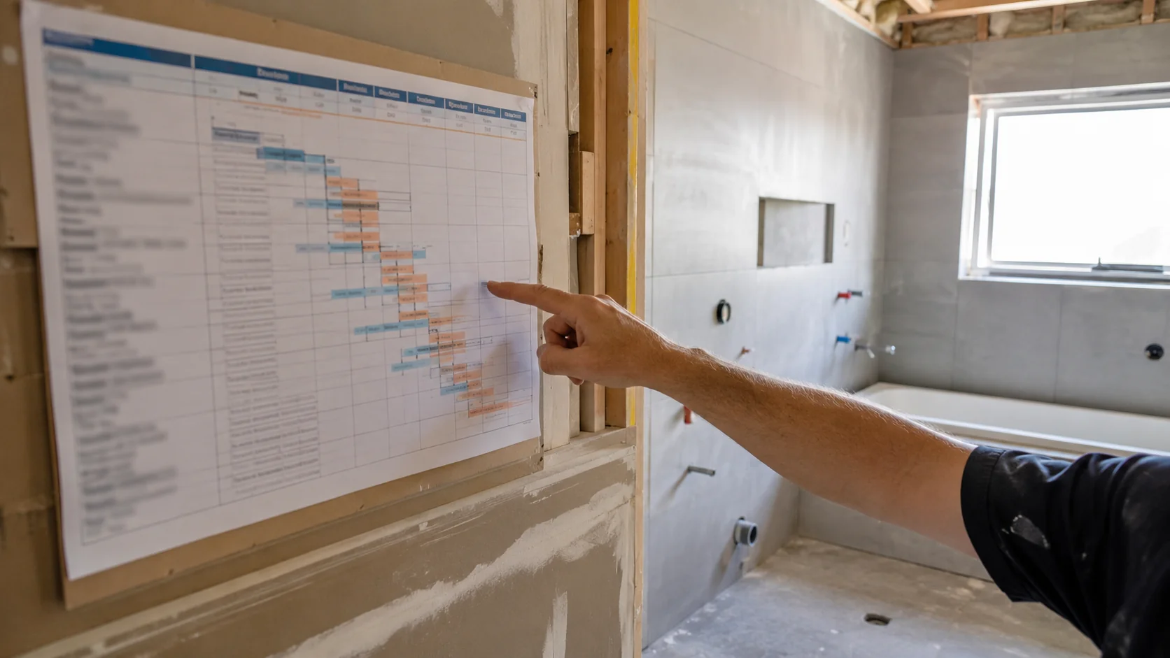 Bathroom renovation build schedule showing demolition through to finishing stages