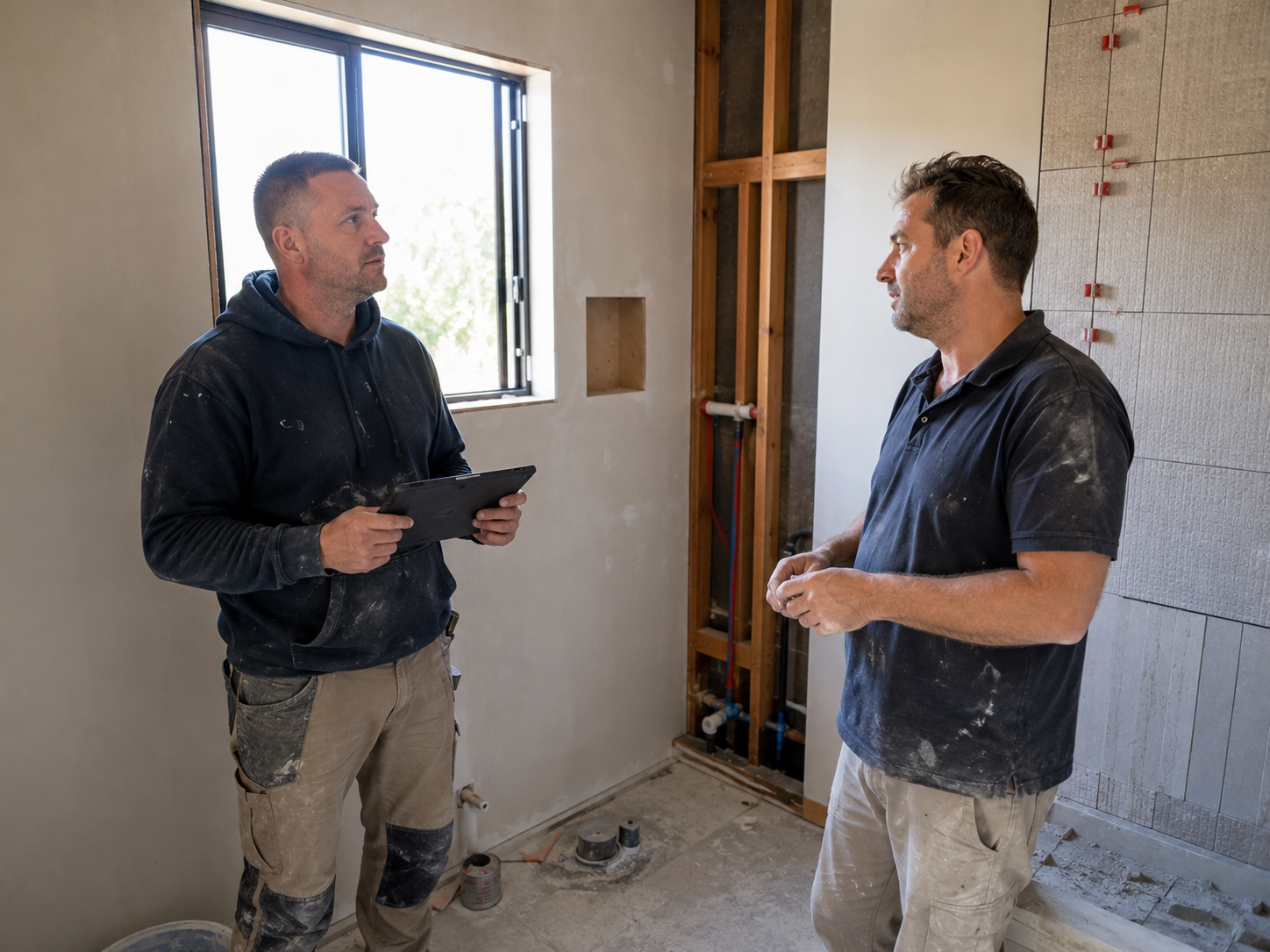 Renovation tradespeople coordinating schedules on-site during a Geelong bathroom renovation