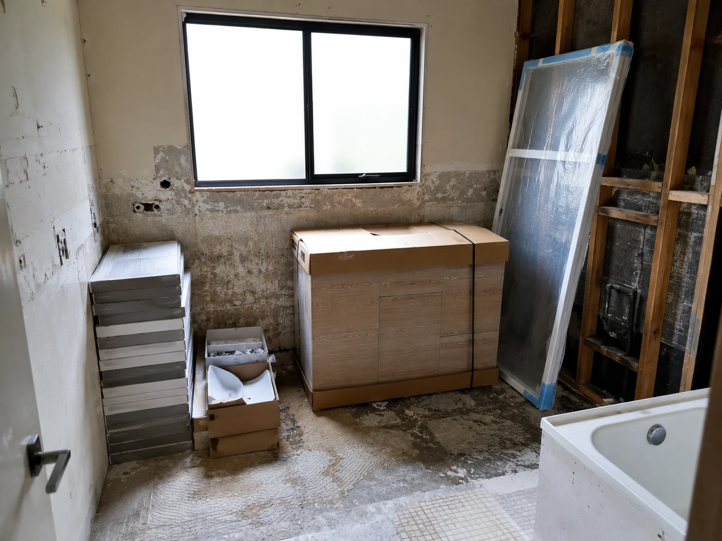 Tile and fixture materials waiting on-site during a Geelong bathroom renovation timeline