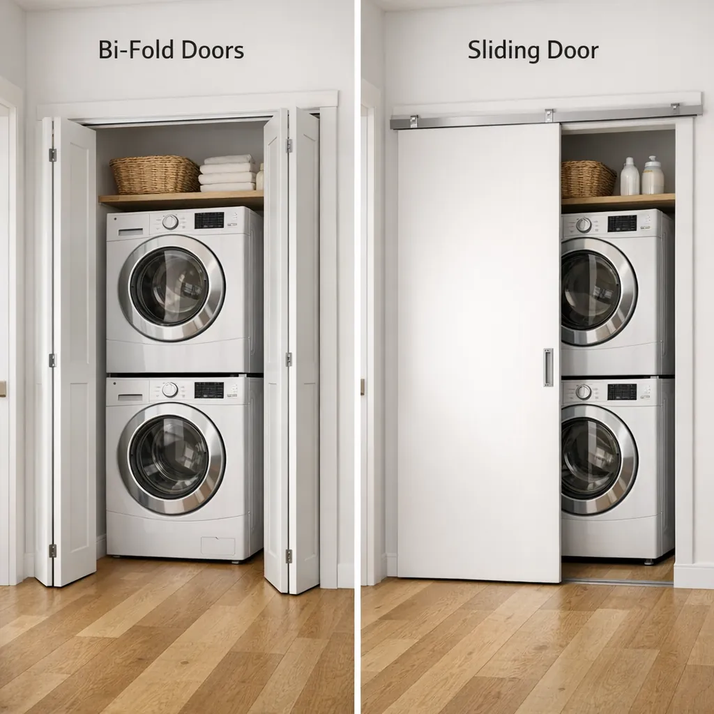 Comparison of bi-fold and sliding cupboard doors on a compact laundry