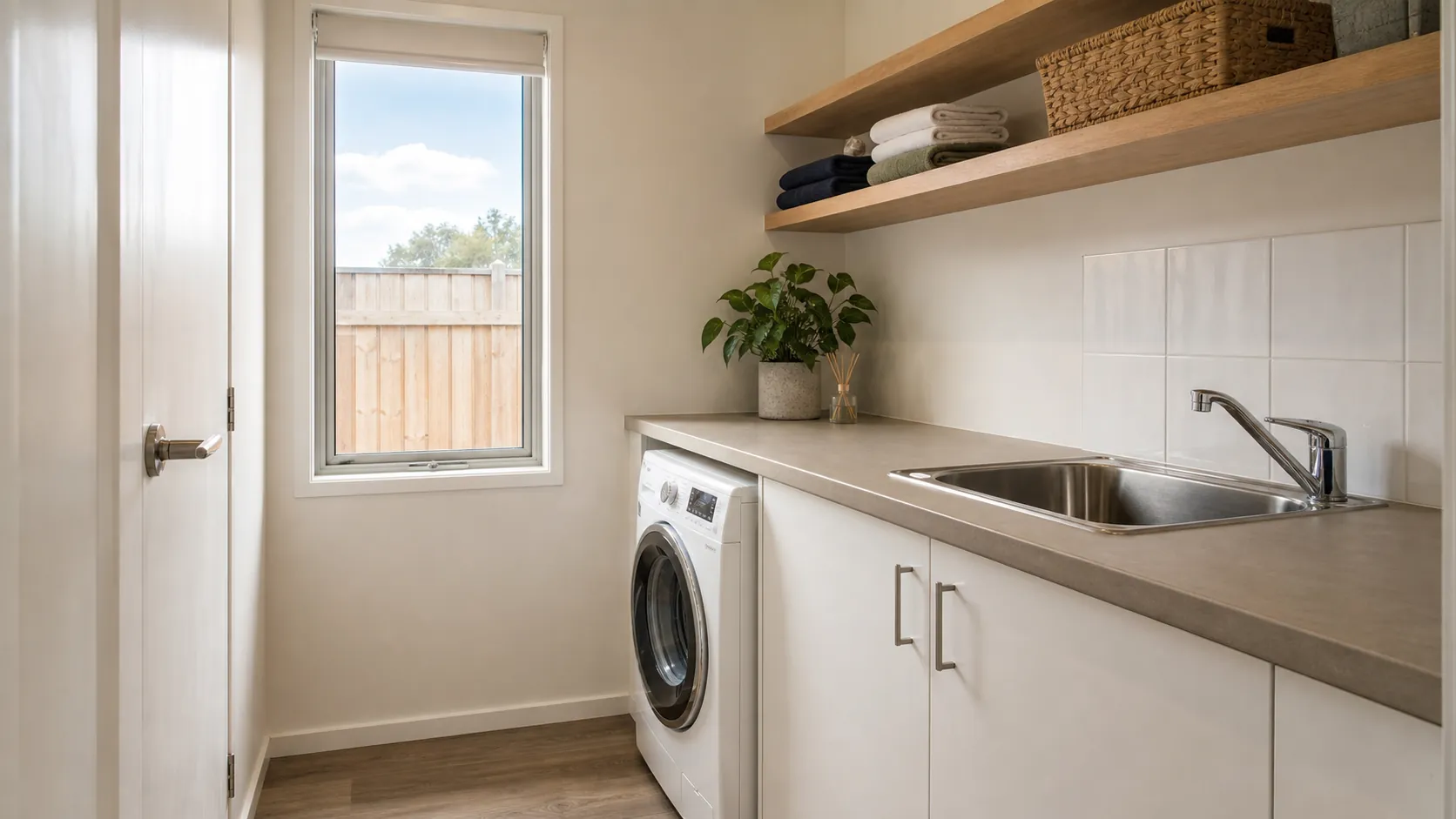 Budget laundry with standard white cabinets, a laminate benchtop, a stainless steel trough and open shelving above the washing machine