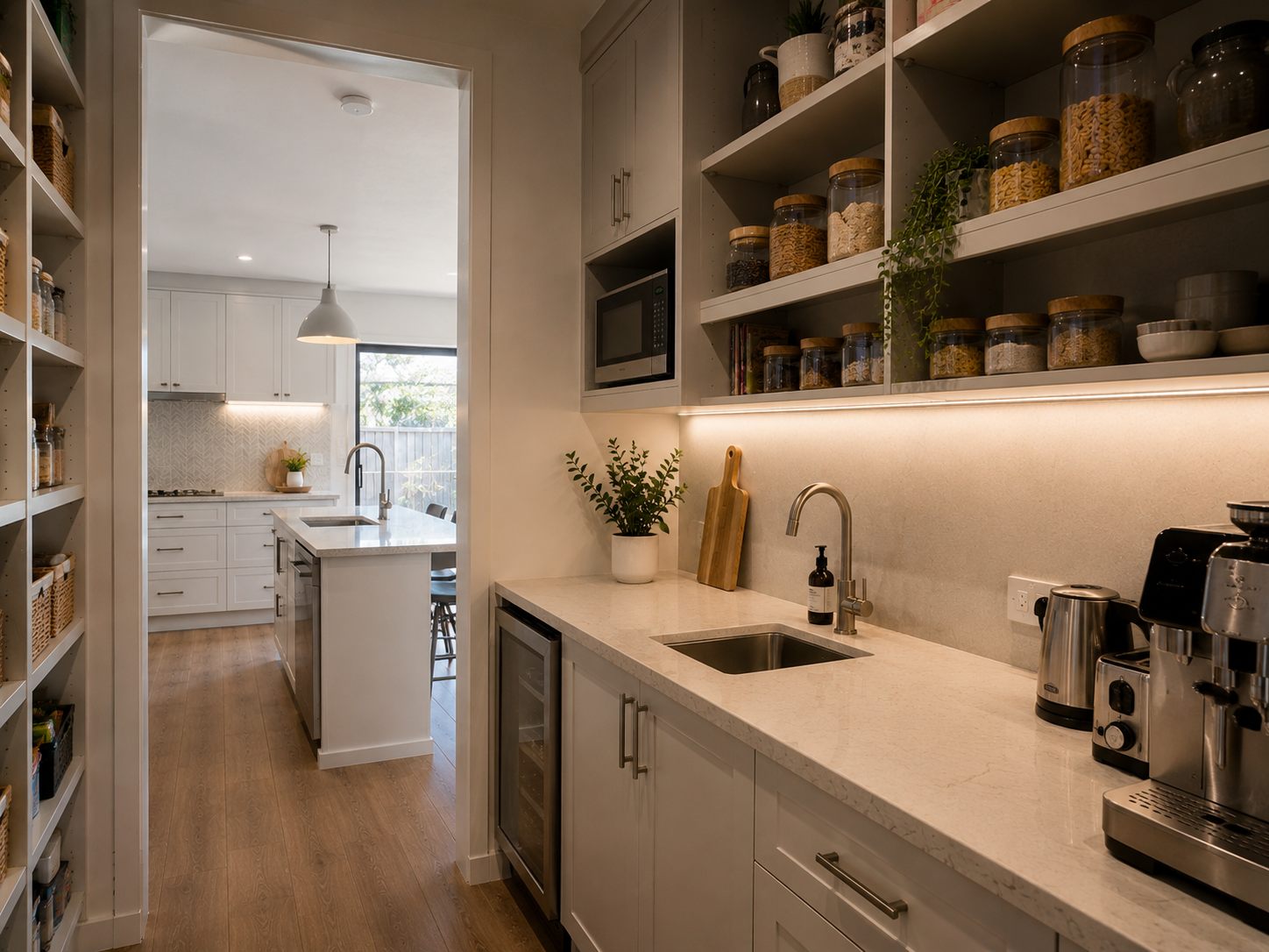 Butler's pantry addition completed alongside a kitchen renovation in a Geelong home — custom cabinetry, stone benchtop and open shelving