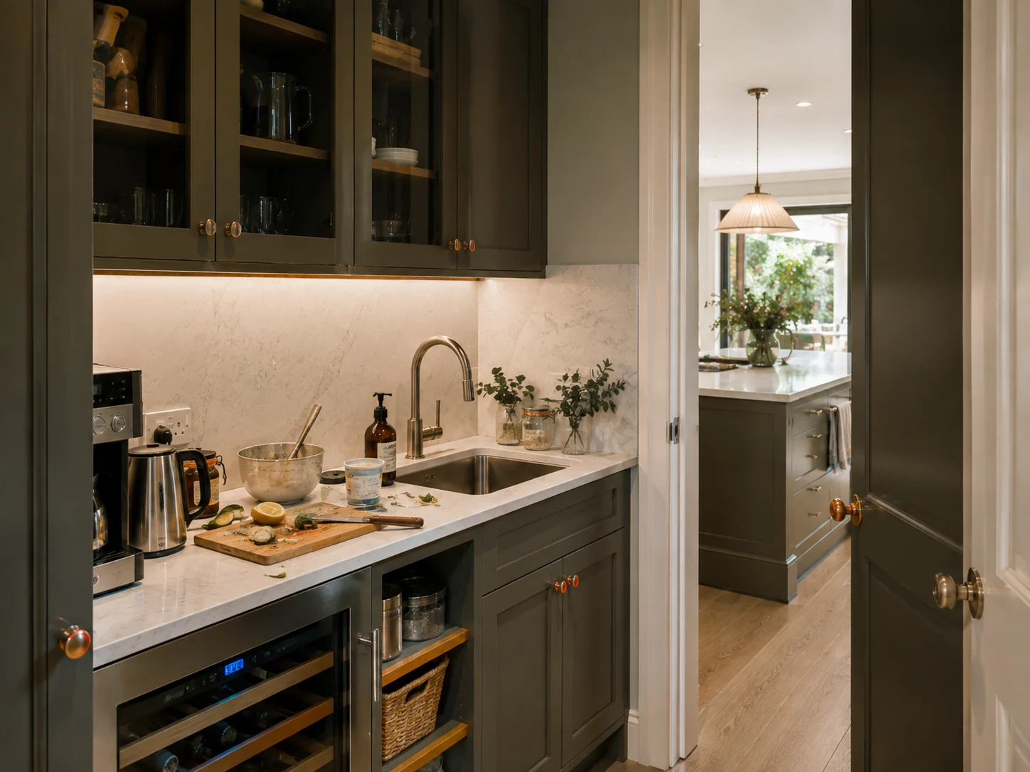 Butler's pantry with a second sink and prep bench designed to keep food preparation mess hidden from guests