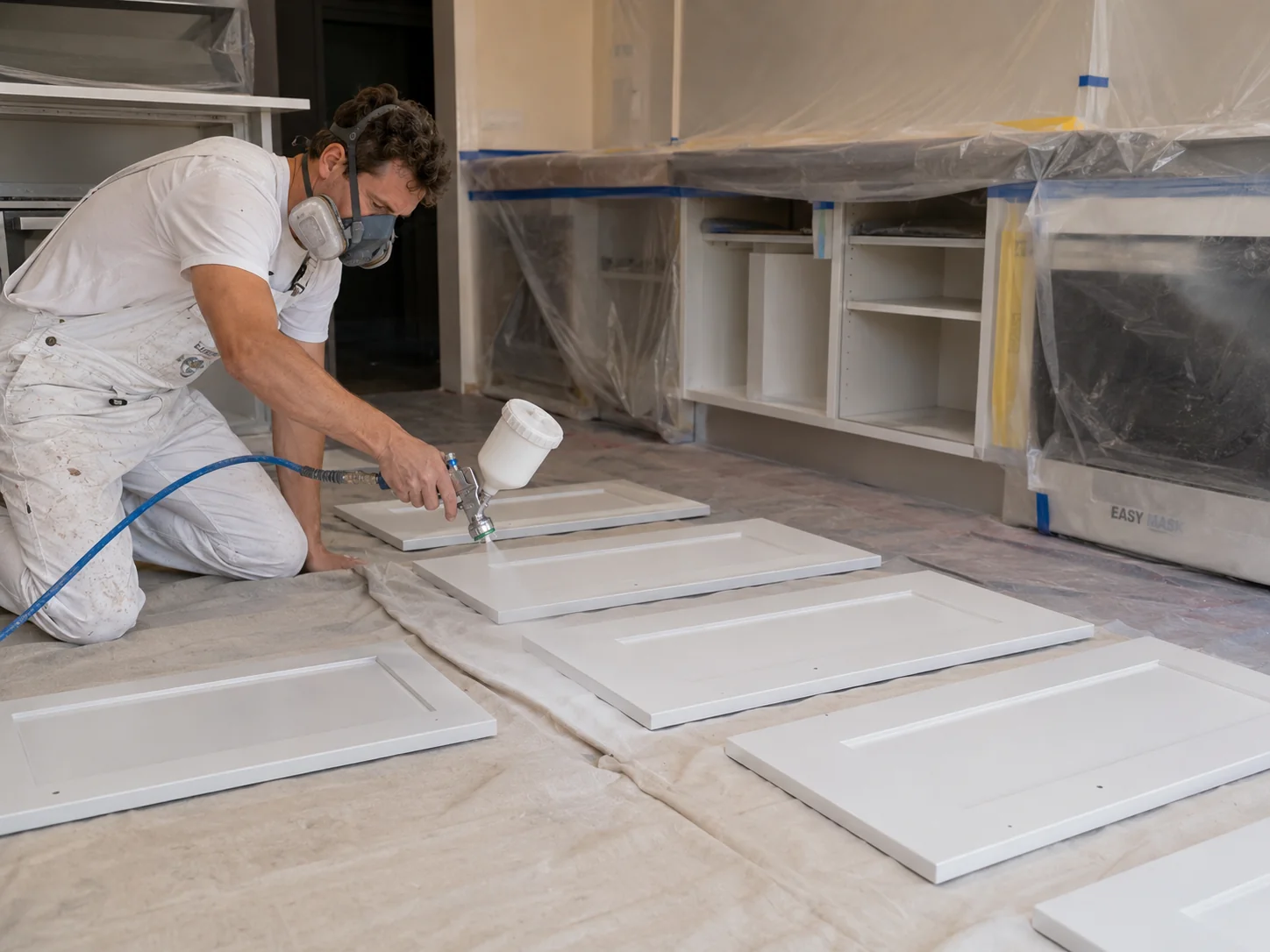 Professional spray painting of kitchen cabinet doors in a Geelong home — a cost-effective alternative to full cabinet replacement