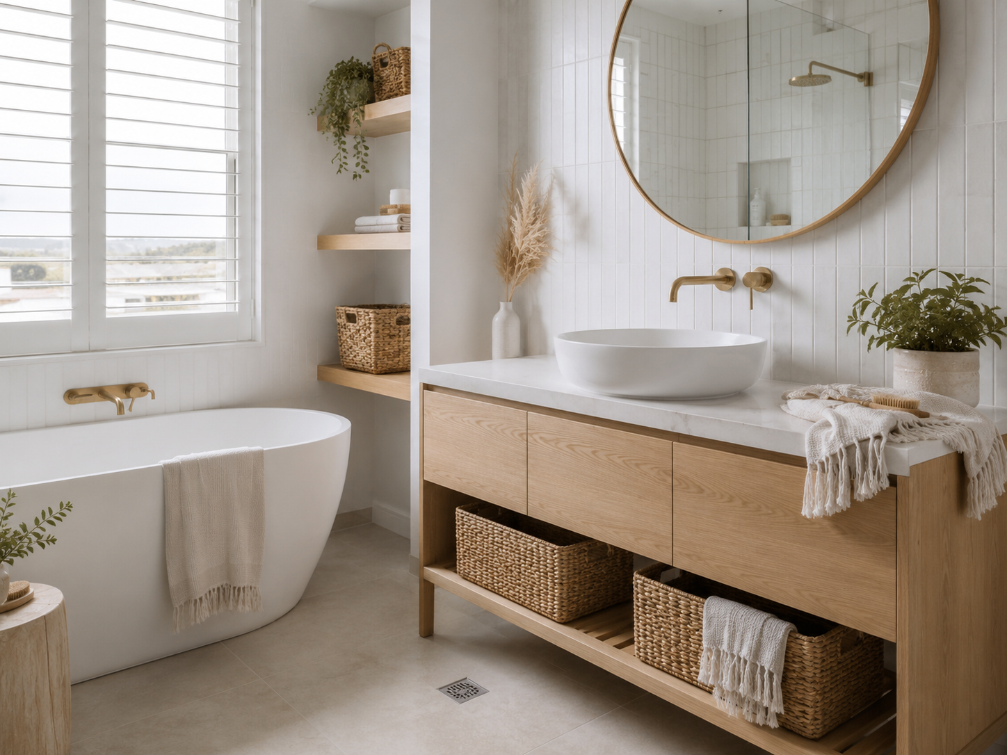 Coastal-inspired bathroom design with light timber, white tiles and natural textures for a Bellarine home