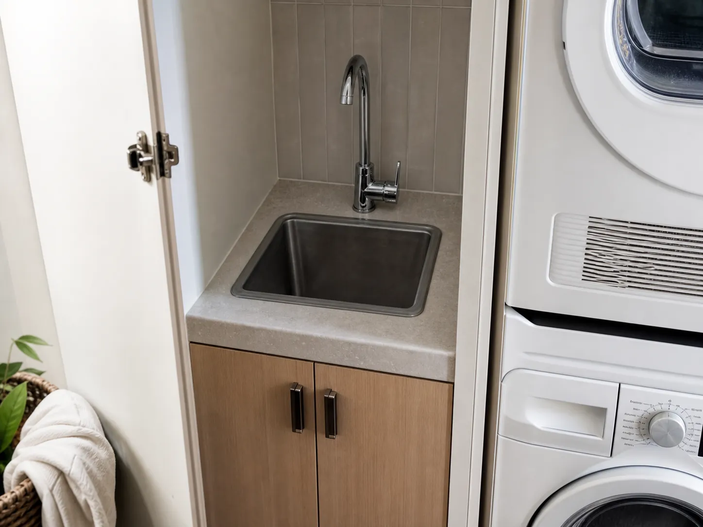 A compact inset trough fitted into the benchtop of a cupboard-style laundry