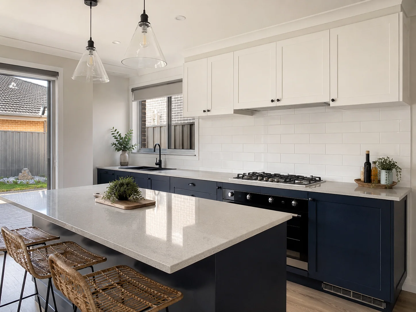 Completed kitchen renovation in a Geelong home — two-tone cabinetry, stone benchtop and quality tiled splashback