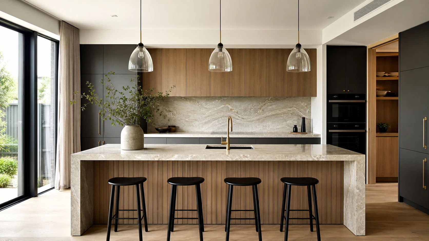 Designer kitchen renovation in Geelong featuring custom cabinetry, stone benchtop and a statement island