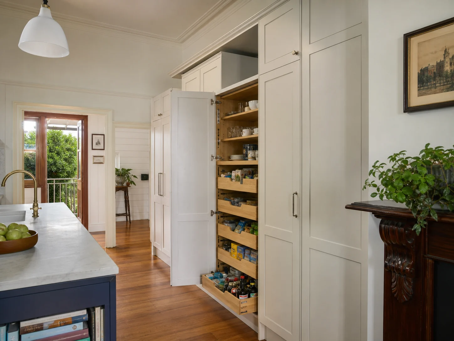 Custom-fitted full-height cabinetry adding storage to a period-home kitchen renovation in Newtown