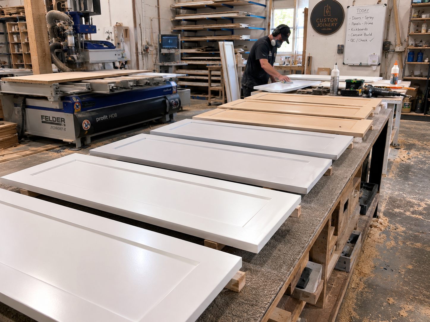 Kitchen cabinet doors being manufactured in a Geelong joinery workshop — illustrating the 8 to 12 week lead time for custom cabinetry orders