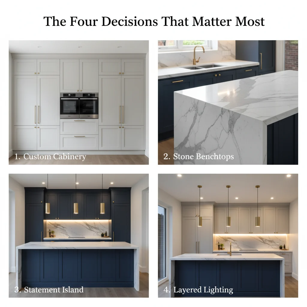 Custom cabinetry, stone benchtop, statement island and layered lighting in a designer Geelong kitchen