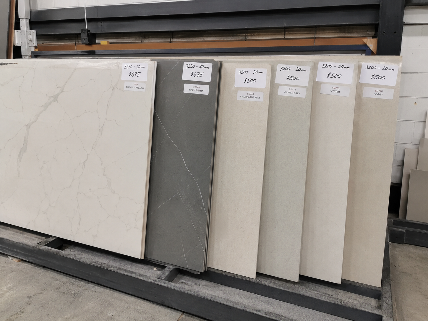 Engineered stone offcuts at a Geelong stone yard — an affordable benchtop option for budget kitchen renovations