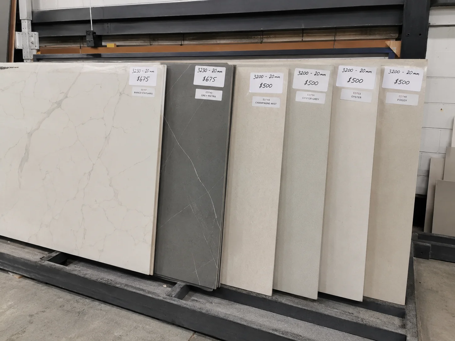 Engineered stone offcuts at a Geelong stone yard — an affordable benchtop option for budget kitchen renovations