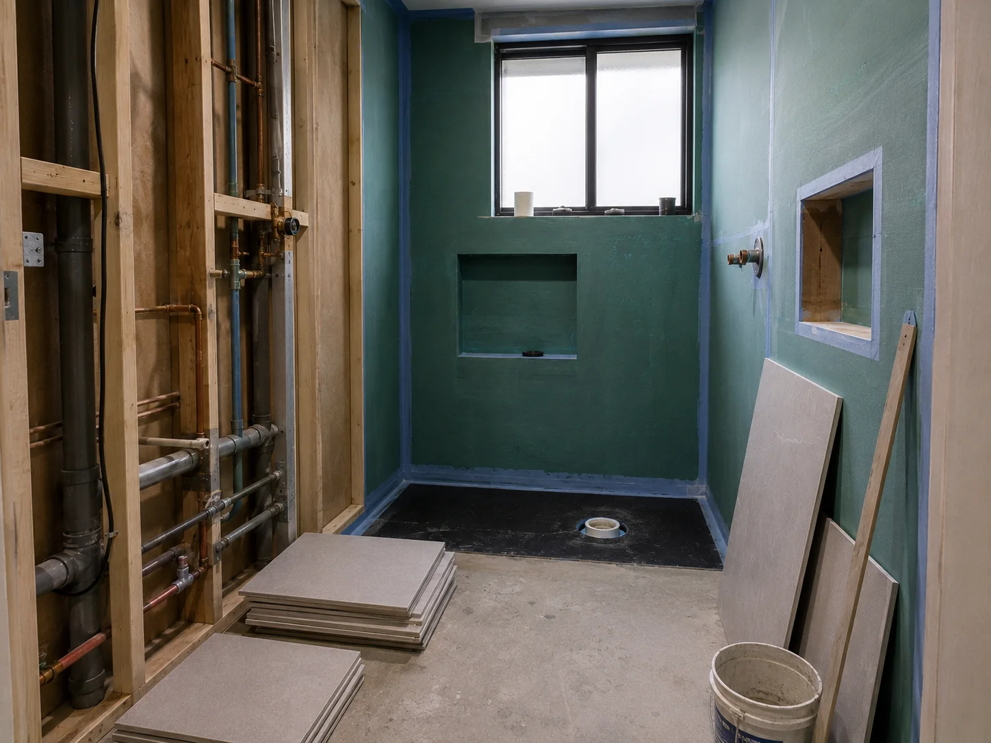 Plumbing and waterproofing work underway during an ensuite renovation in Geelong