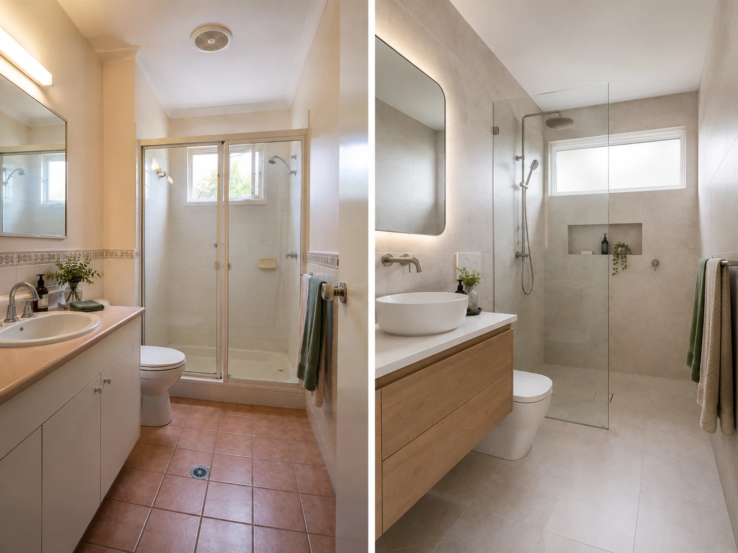 Comparison of an existing ensuite renovation versus a newly added ensuite in a Geelong home