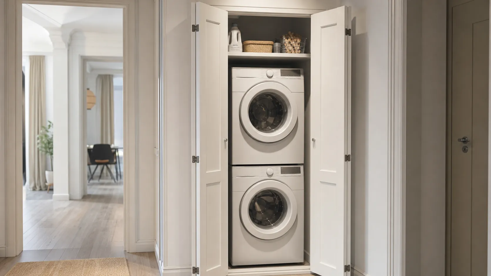 A cupboard-style laundry with bi-fold doors open, stacked machines and a shelf