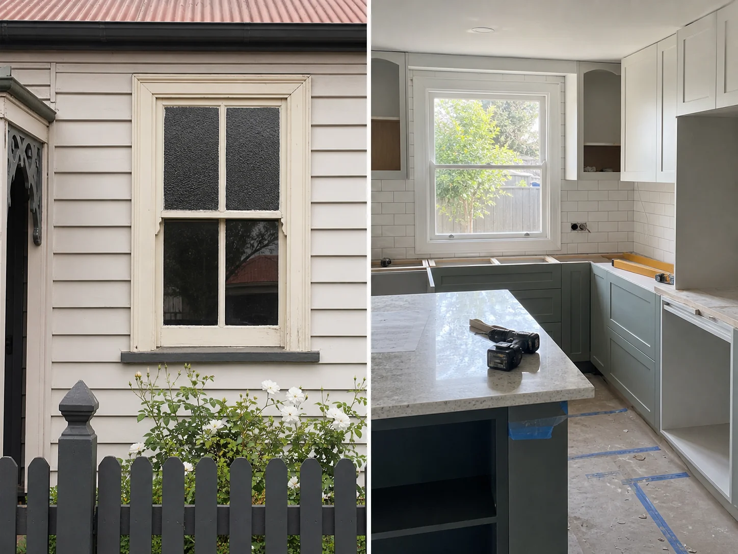 Split view of a heritage home's original street-facing windows and an internal kitchen renovation confined to the existing footprint