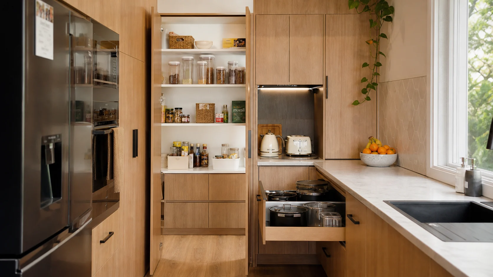 Organised family kitchen storage in a Geelong home with a fitted pantry, deep drawers and appliance garage