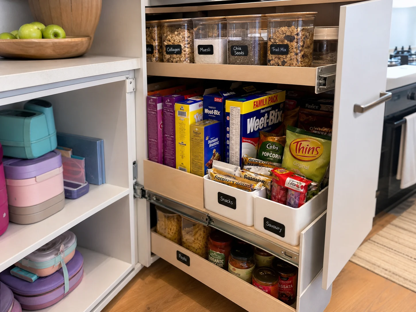 Deep pull-out pantry drawers and labelled storage in a family kitchen designed for everyday household use