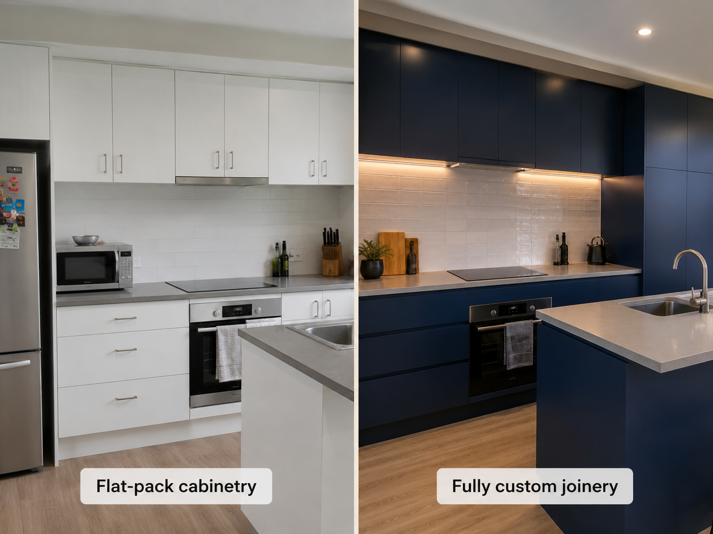 Side-by-side comparison of flat-pack kitchen cabinetry versus fully custom joinery in a Geelong home renovation