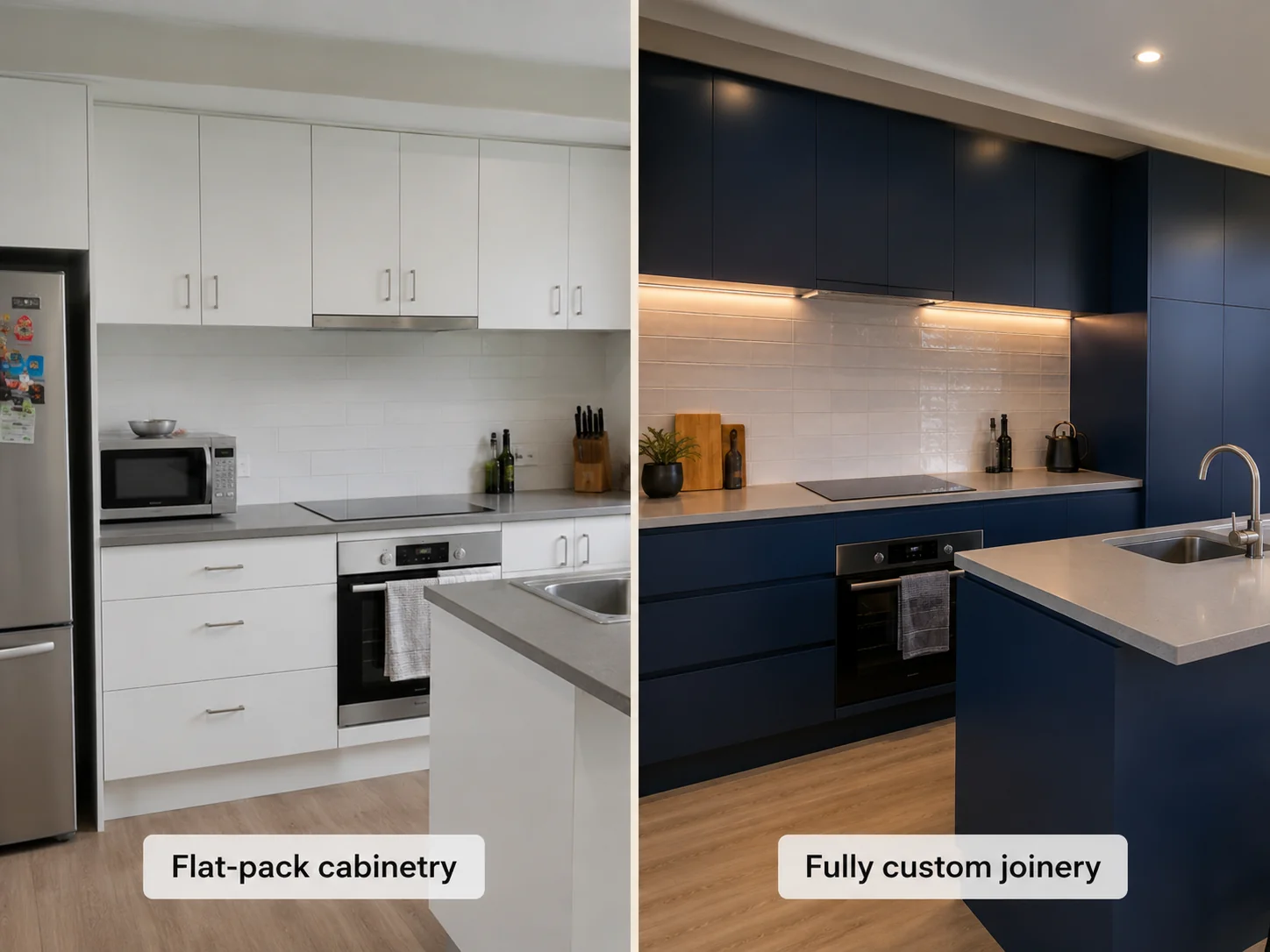 Side-by-side comparison of flat-pack kitchen cabinetry versus fully custom joinery in a Geelong home renovation