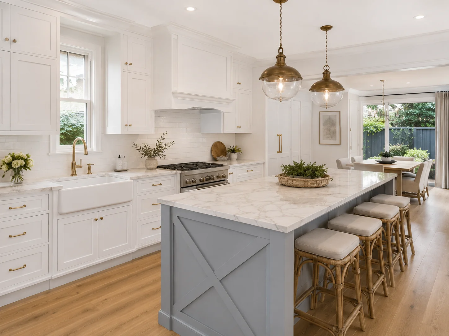 Hamptons-style kitchen renovation in a Geelong home with shaker cabinets, marble benchtop and coastal tones