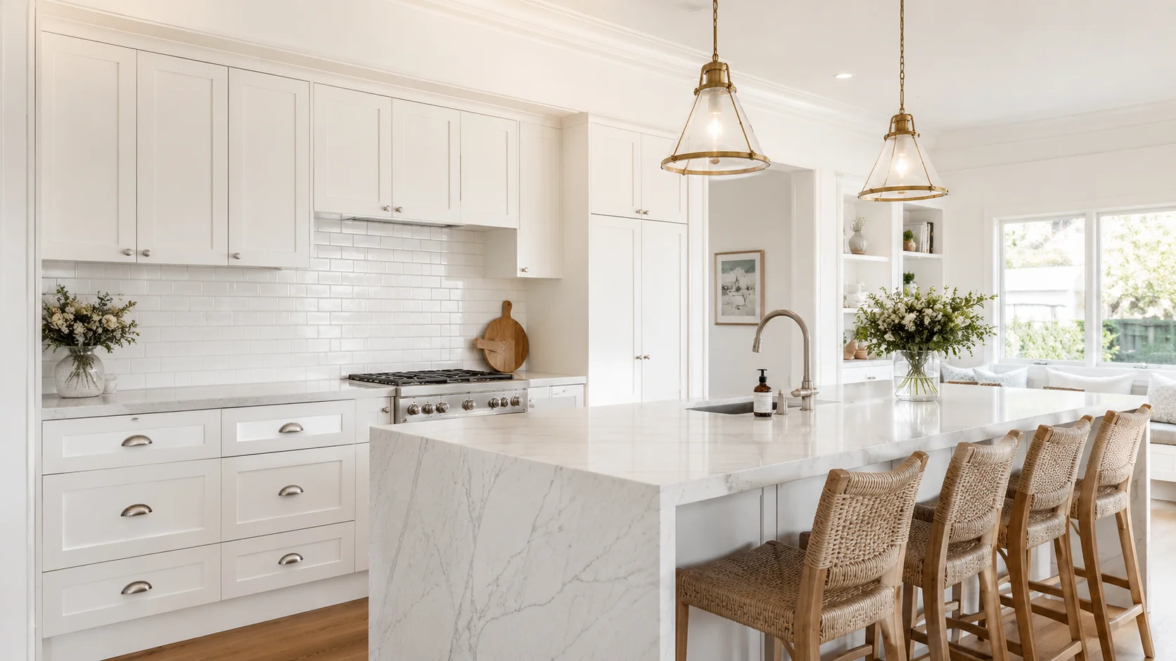 Hamptons-style kitchen renovation in a Geelong home with shaker cabinets, Carrara stone benchtop and brushed nickel hardware