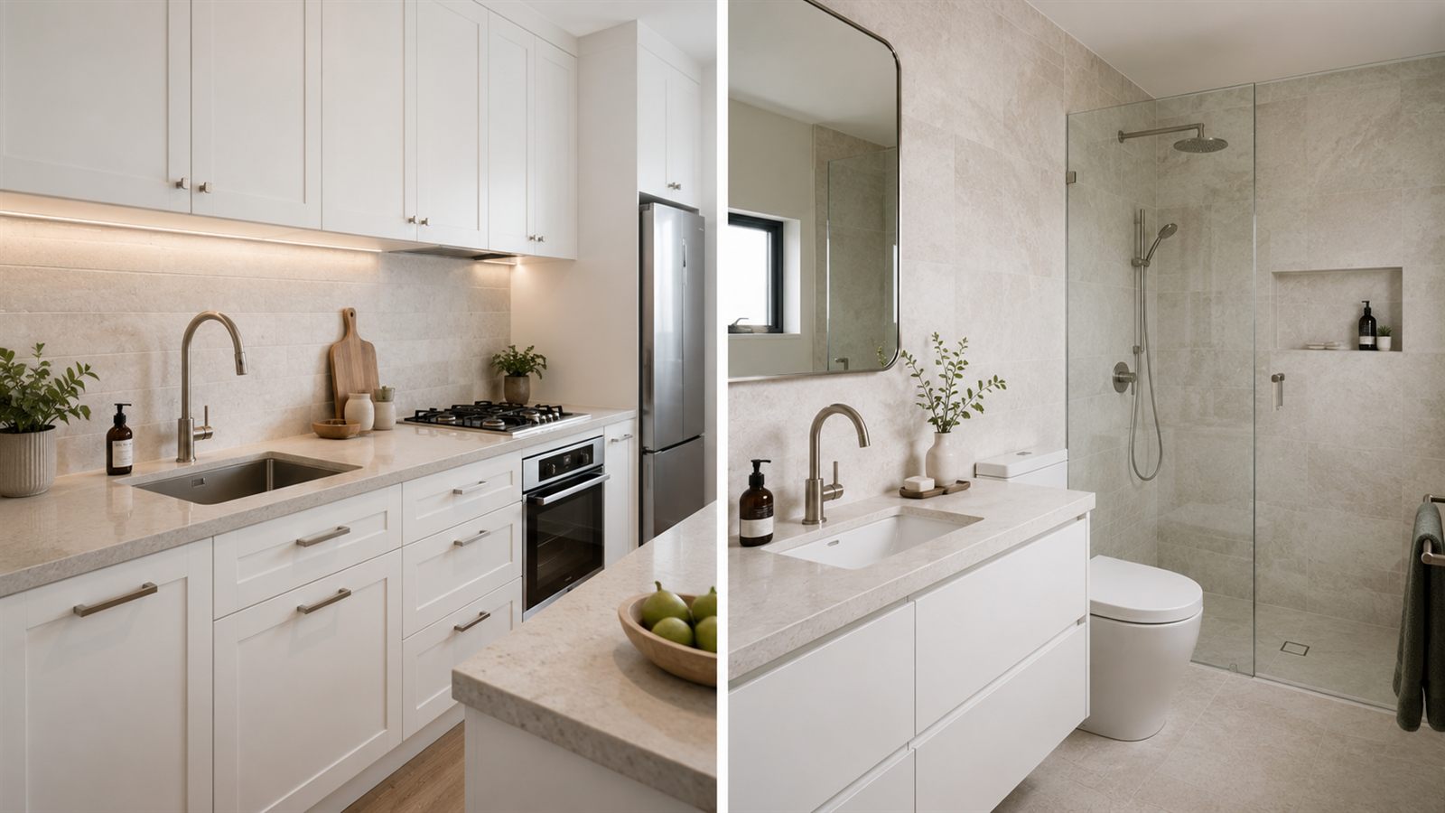 Combined kitchen and bathroom renovation in a Geelong home showing cohesive stone and tapware finishes across both spaces
