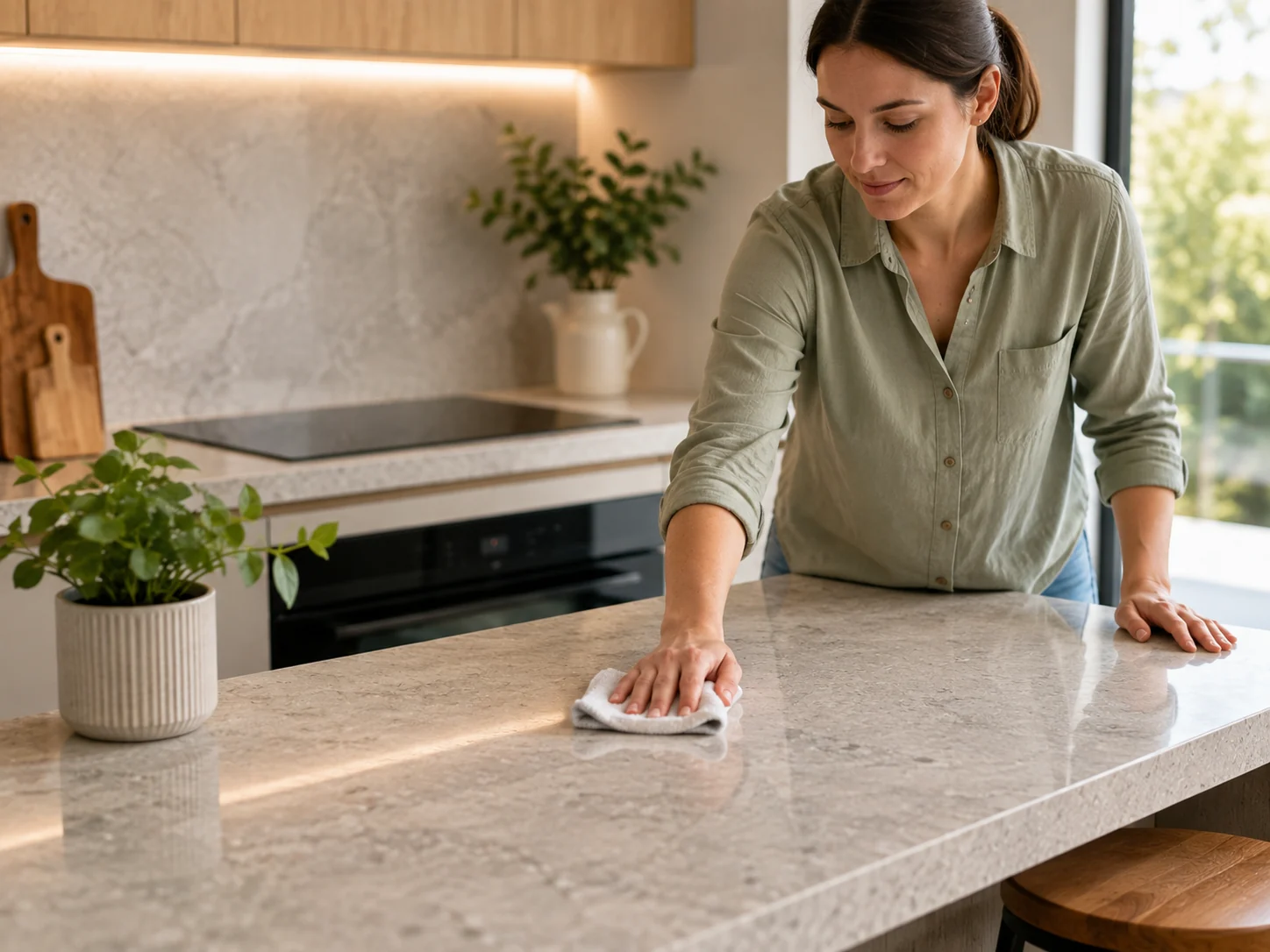 Homeowner wiping down a kitchen benchtop showing everyday maintenance and care in Geelong