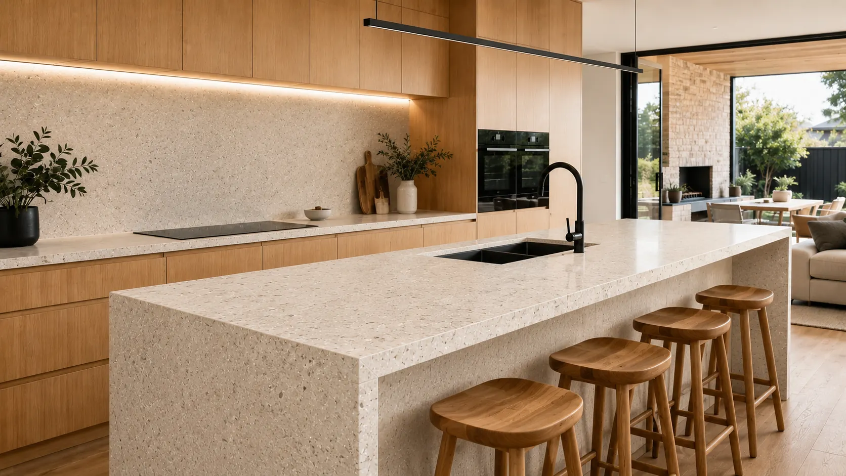 Modern kitchen with a light stone-look benchtop, timber cabinetry and matte black tapware in Geelong