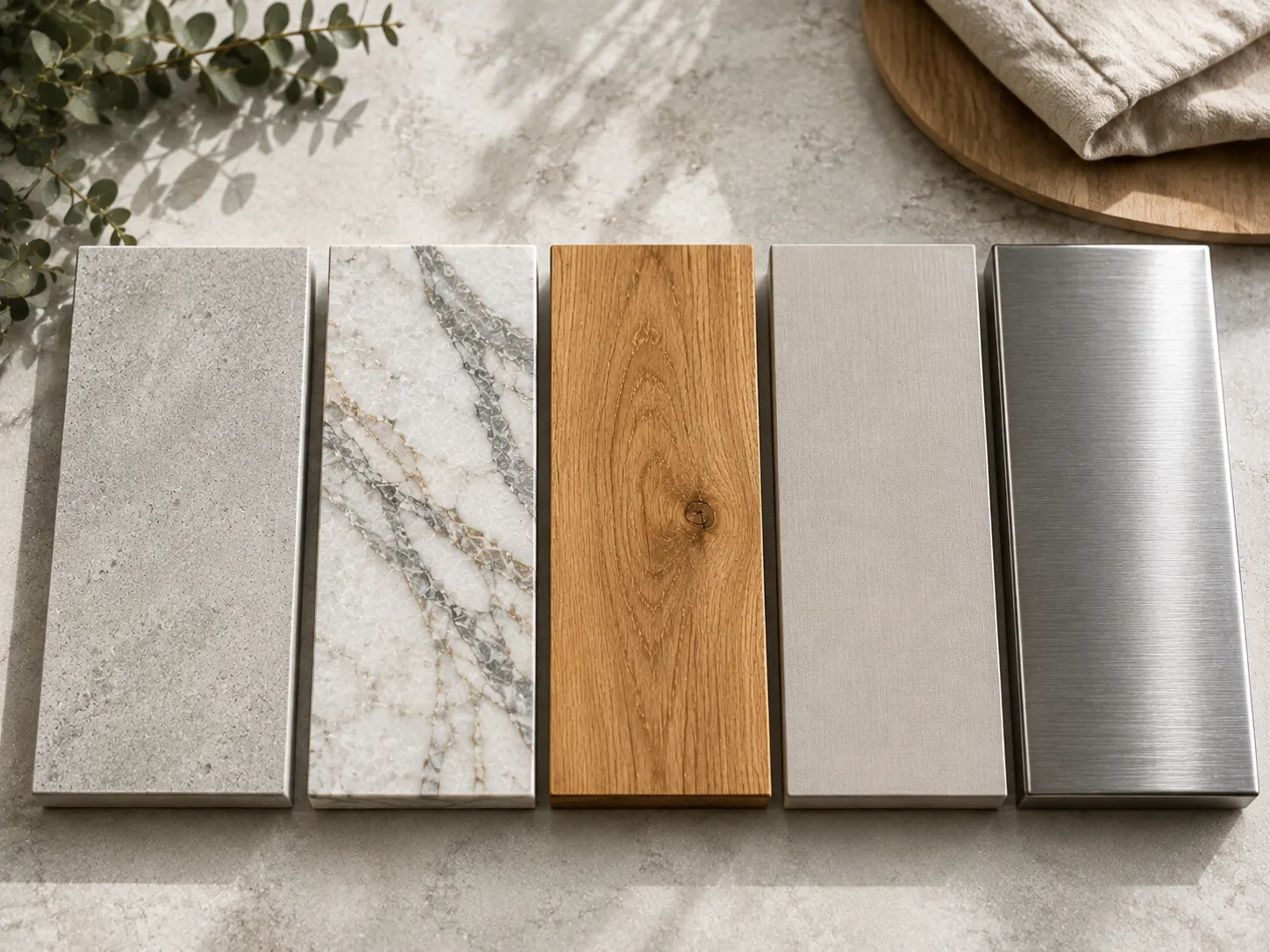 Comparison of five kitchen benchtop materials including porcelain, natural stone, timber, laminate and stainless steel