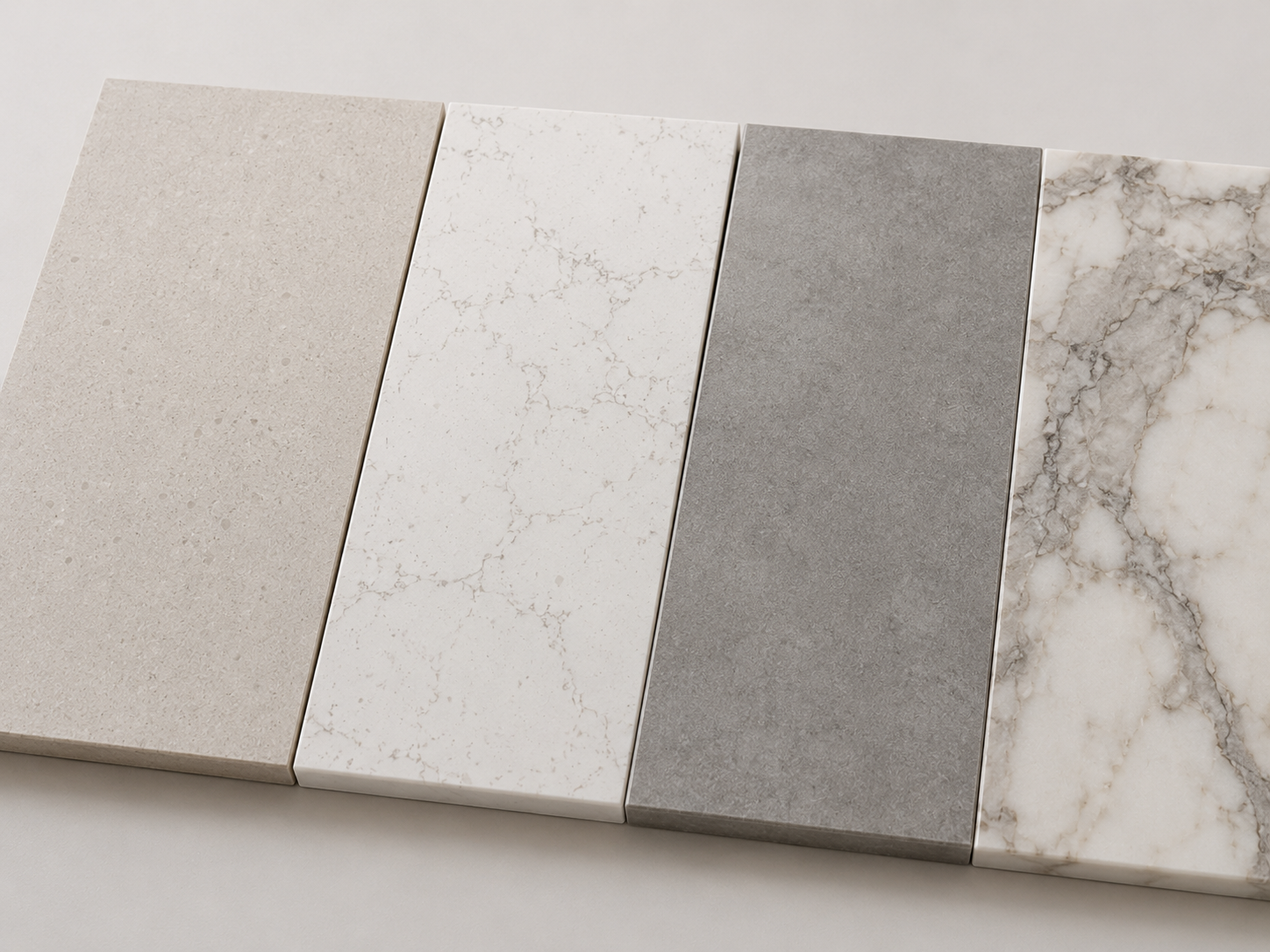 Kitchen benchtop material comparison showing laminate, engineered quartz, porcelain slab and natural stone options