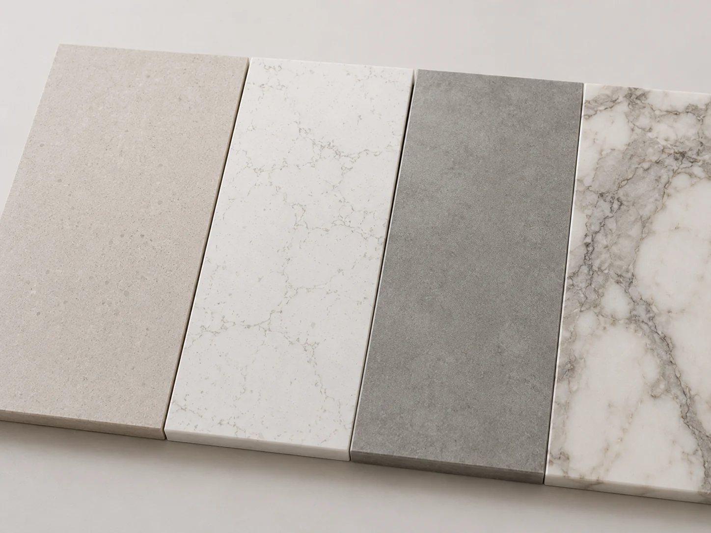 Kitchen benchtop material comparison showing laminate, engineered quartz, porcelain slab and natural stone options