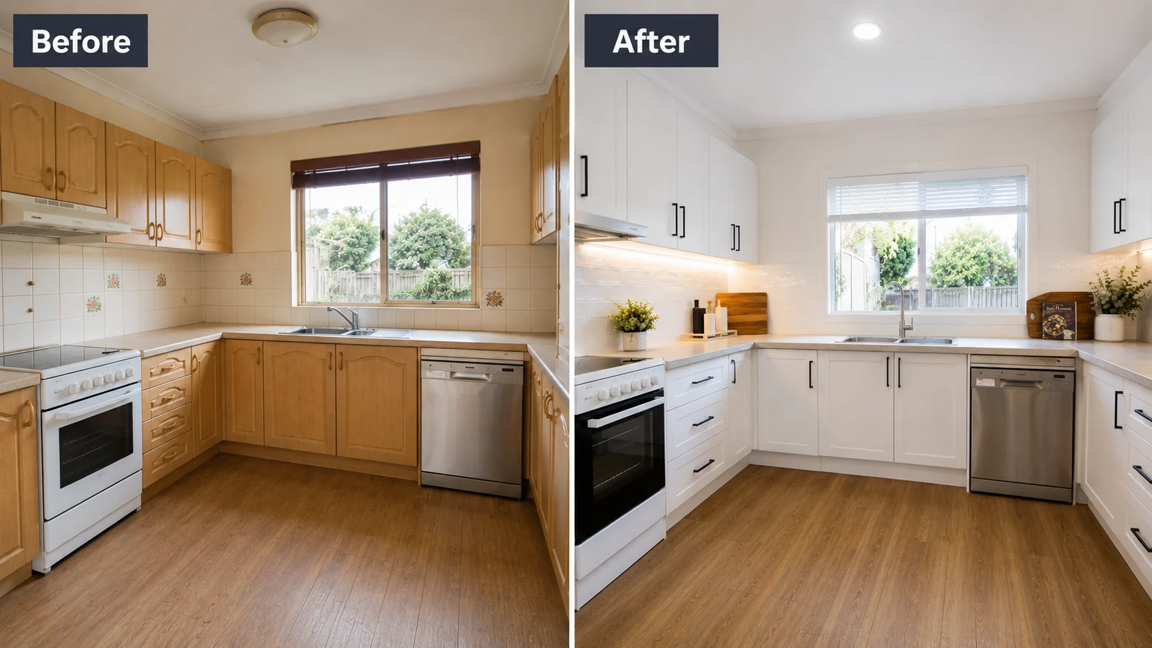 Kitchen facelift in a Geelong home — repainted cabinets, new splashback and updated handles delivering a premium look on a budget