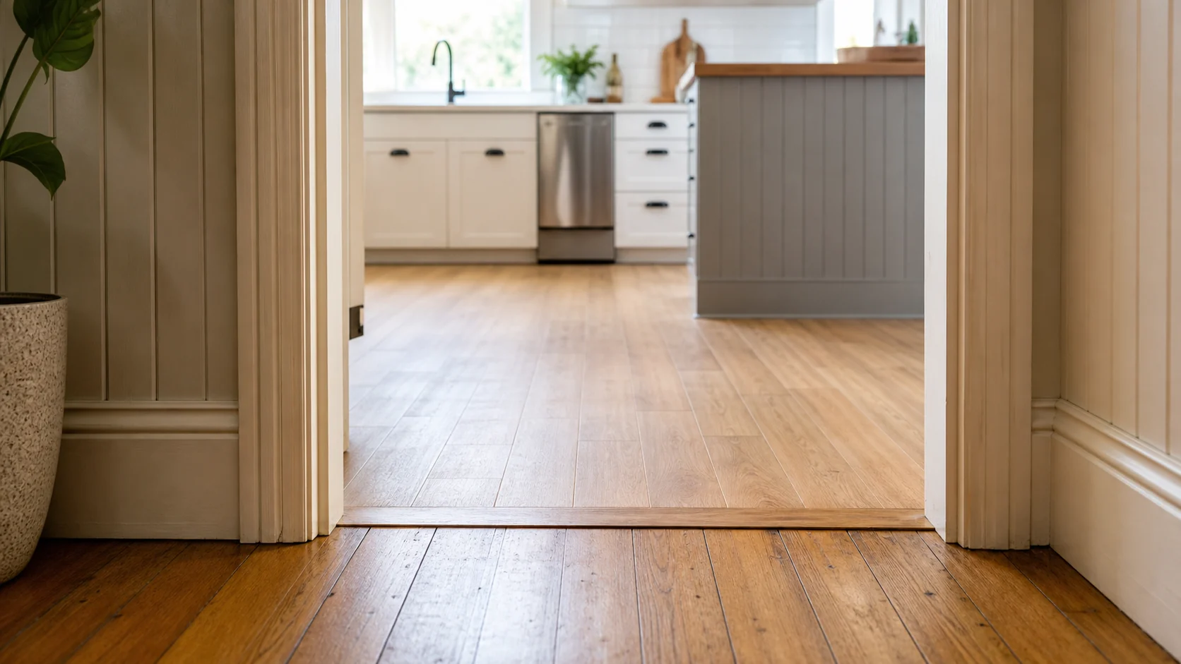 Kitchen flooring transition from timber hallway boards into a renovated kitchen with matching timber-look flooring