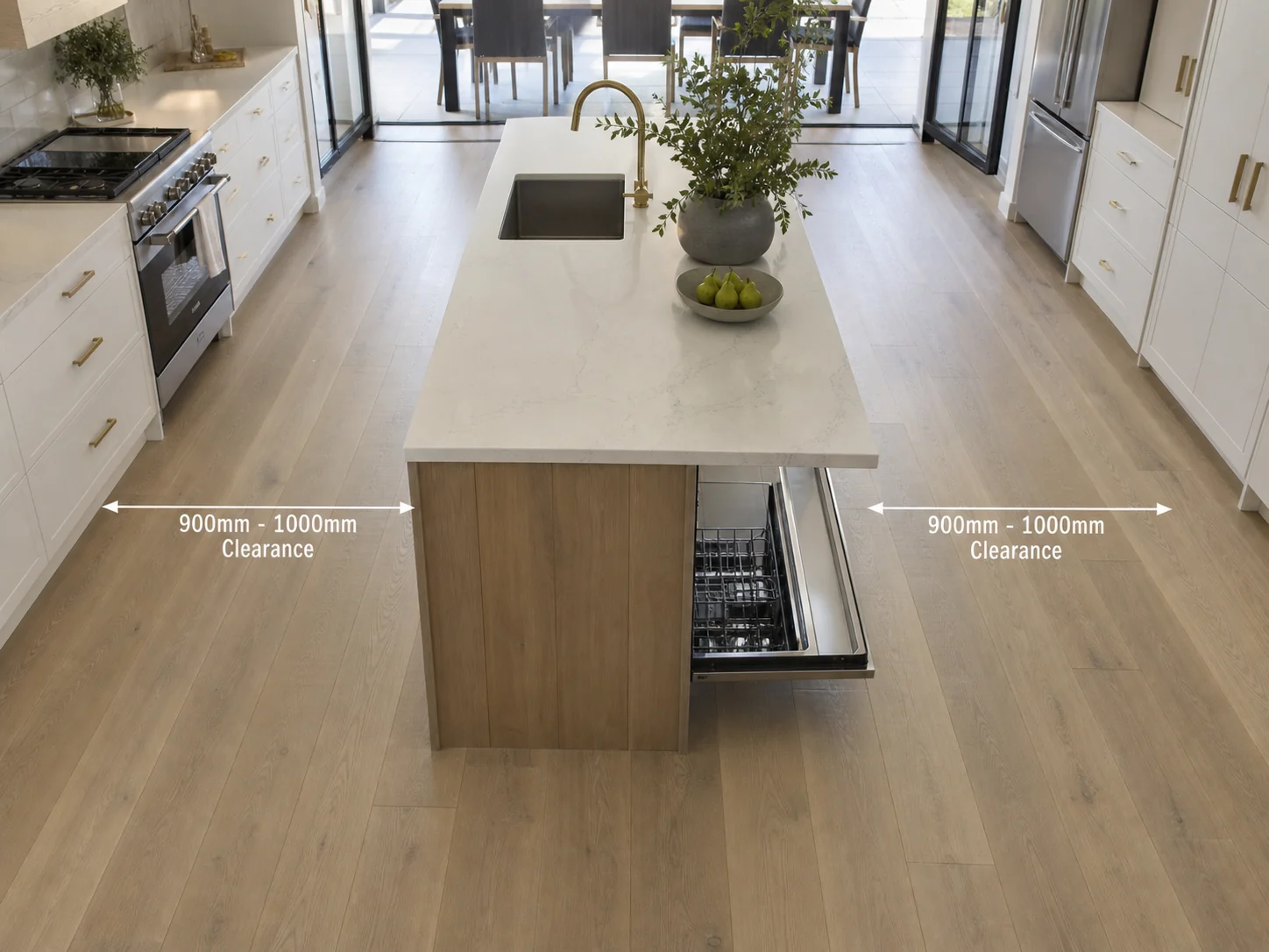 Kitchen island with clear walkway space on either side illustrating the 900mm to 1000mm clearance needed around it