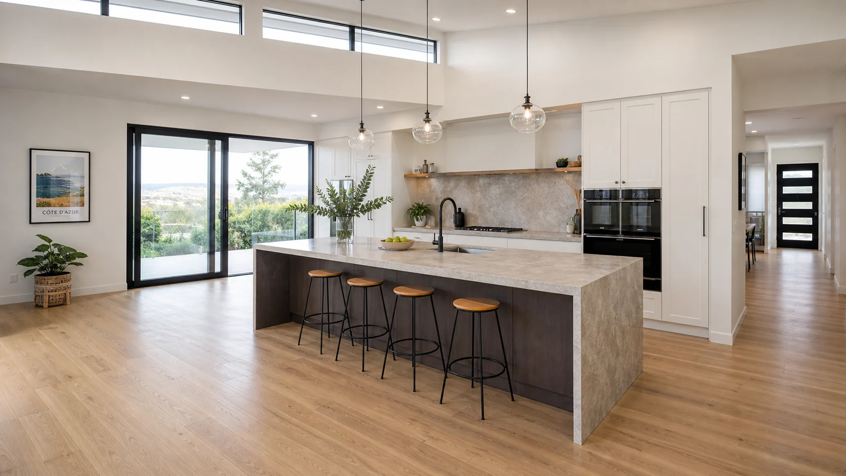 Large kitchen island with generous floor clearance on all sides in a spacious Highton home renovation