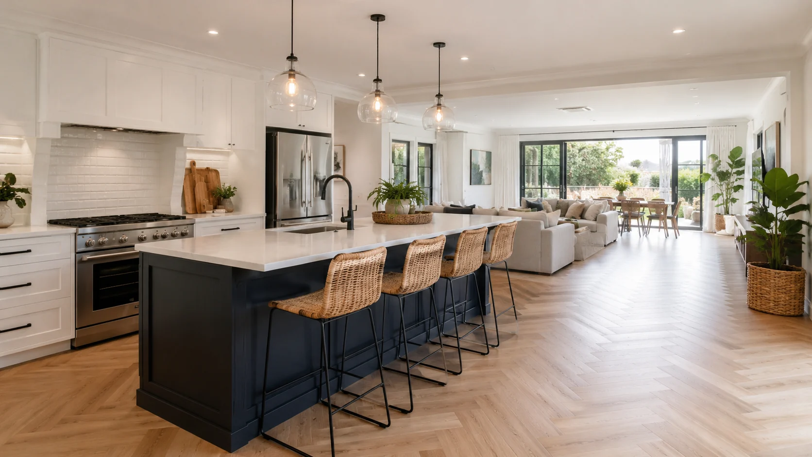 Spacious open kitchen with island seating and sightlines into an adjoining living space, suited to entertaining and growing families